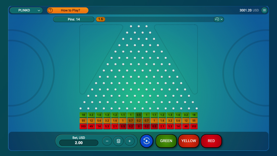 Gameplay del juego Plinko online mostrando la bola cayendo por el tablero con multiplicadores